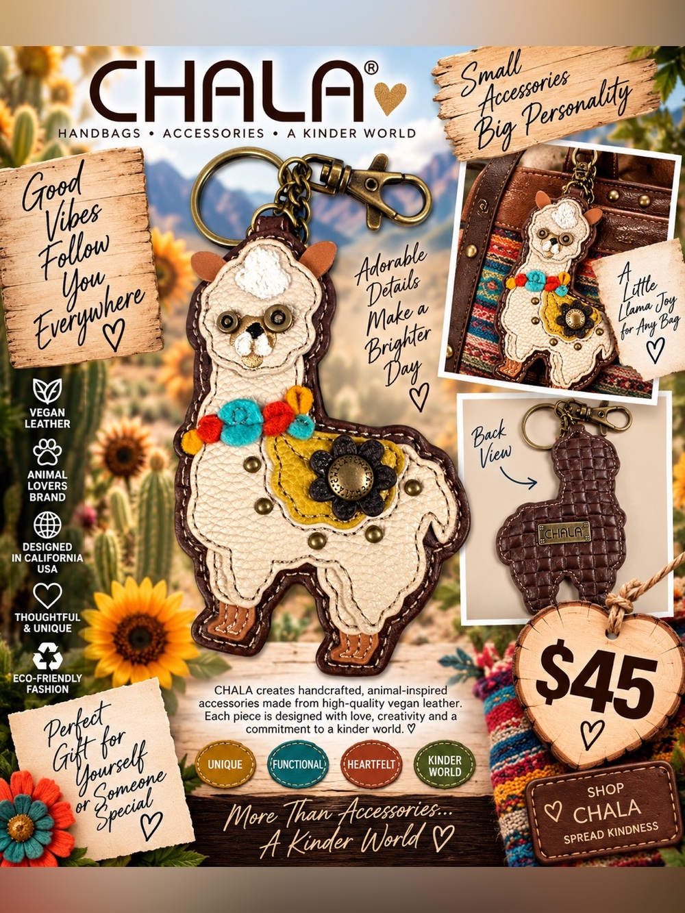 CHALA Cream & Brown Llama Keychain NWT